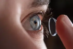 Close up of a person's eye with a clear contact lens being inserted.