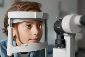 A young boy is having his eyes checked by a doctor in a clinic.
