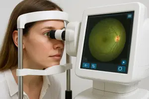 A woman is undergoing an eye examination with an optometrist using a modern ophthalmoscope device.