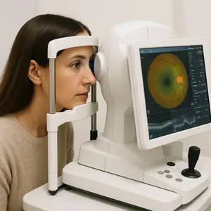 A woman is using an eye test machine in a medical setting.