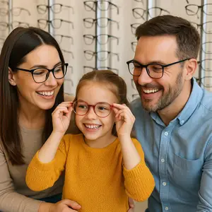 A family with a young girl wearing glasses is smiling at the camera in an optical shop.