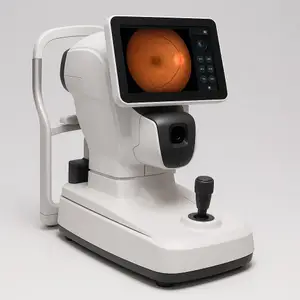 A white and black ophthalmic imaging device with a monitor displaying an image of an eye