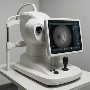A white medical device with a monitor and a camera attached to a table.