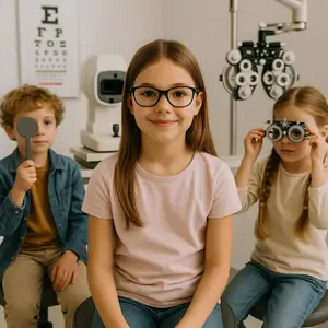 Three children, two girls and a boy, are in an optometrist's office, with the girl in the center wearing glasses and smiling at the camera.
