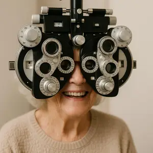 An elderly woman is having her eyes checked with an optometrist's phoropter.