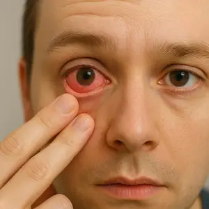 Close-up of a man with a red eye, touching his eye with his finger.