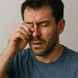 Close-up of a man rubbing his forehead with his hand.