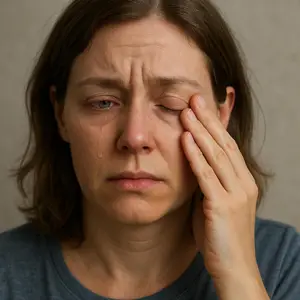 A woman crying with her eyes closed and hand on her forehead.