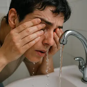 A man is washing his face with water from a faucet in a bathroom.