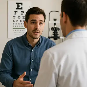 A man in a blue shirt talks to a doctor in a white coat in a medical room.