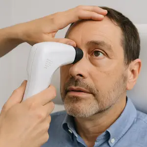 A male patient is undergoing an eye examination using a white device, likely an ophthalmoscope, with the assistance of a healthcare professional.