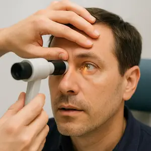 A man has his eyes examined with a slit lamp by a medical professional