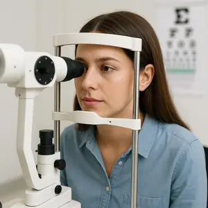 A woman with brown hair is looking into an eye exam machine