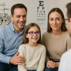 A young girl with glasses smiles while sitting between her parents in an optometrist's office