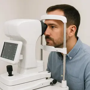 A man is using a visual testing machine in a clinic room.