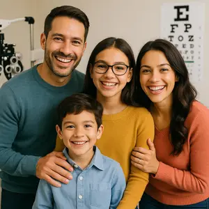 A family of four, including a man, a woman, a girl, and a boy, are smiling for a photo in a room with an eye chart in the background.