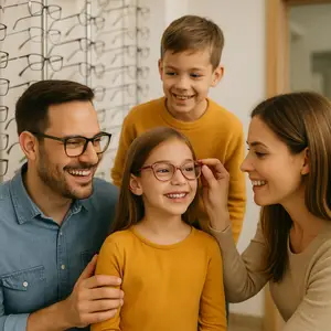 A family is smiling and looking at a child wearing glasses in a store