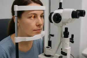 Woman getting her eyes examined with an ophthalmoscope