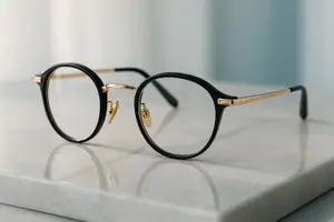 Black and gold glasses with thick lenses on a white marble surface