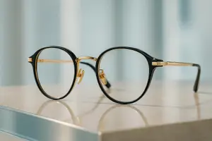 A pair of glasses with black frames and gold accents sitting on a table.