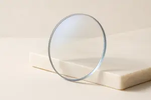 A close-up of a transparent round object, possibly a lens, placed on a white surface with a slight shadow on the right side.