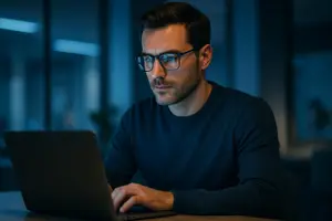 Man wearing glasses sitting in front of a laptop