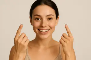 A woman is demonstrating how to put on contact lenses in a white background.