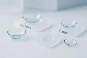 A close-up of several transparent contact lenses, each labeled with a different type, including scleral, toric, and others, resting on a clean, white surface.