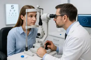 A doctor is examining a woman's eyes with a machine