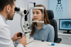 A doctor is examining a woman's eyes using a medical instrument