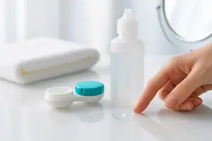 A hand is pointing to a contact lens on a table with a contact lens case and a bottle of contact lens solution.