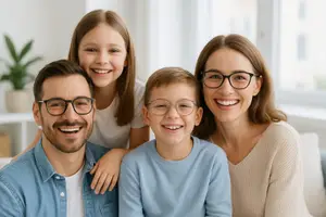 A happy family with two children and two adults, all wearing glasses, sitting on a couch with a woman smiling and looking at the camera.