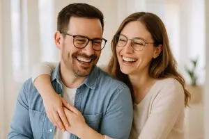 Man and woman wearing glasses and smiling while embracing each other