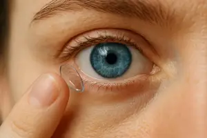 A person placing a contact lens into their blue eye, with a finger touching the lens