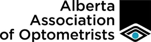 Alberta Association of Optometrists logo with a white background and black and blue eye icon