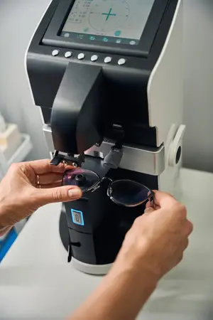 A person holding a pair of glasses while adjusting them on a machine that has a digital screen and various buttons, possibly in an optometrist's office.
