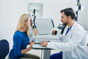 A woman in a blue long-sleeve shirt is looking into an eye machine while a man in a white lab coat is holding the machine in a clinic.