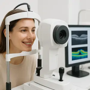 A smiling woman wearing a white headband is looking into an eye exam machine in a clinic.