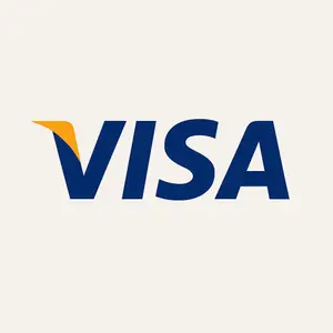 VISA logo with a blue letter V, blue letter S, and a blue letter A with a yellow accent on the letter V