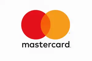 The Mastercard logo features two overlapping circles, one red and one orange, with the Mastercard name below them.