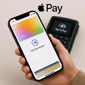 A hand holding an iPhone with Apple Pay displayed on the screen, showing a payment terminal in the background.