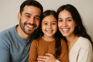 A man, a woman, and a young girl are smiling for a photo together.