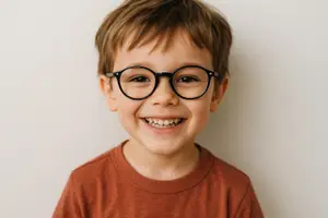 A young boy with brown hair is wearing glasses and smiling with his teeth showing.