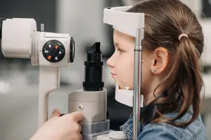 Young woman undergoing comprehensive eye exam with diagnostic equipment.