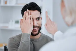 Man covering one eye during vision test at Eye E Optical exam.