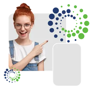 young woman pointing at an image with bubbles and circles
