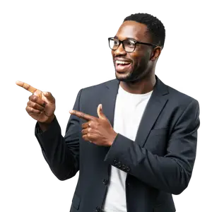 A black man in a business suit wearing glasses pointing to the camera