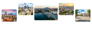 A collection of four images showcasing different urban landscapes, including a cityscape with a river, a bridge, a sunset over a city, and a city street at dusk