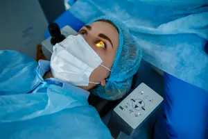 woman in blue gown and face mask getting eye surgery