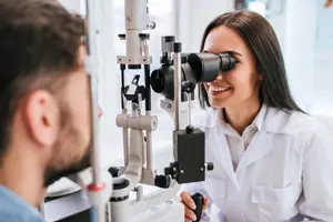 A woman with glasses is looking into a device with a smiling face in a laboratory.